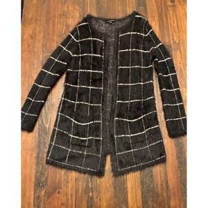 Black and White Fuzzy Long Open Front Cozy Cardigan Size Medium